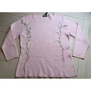 VTG Gap Pink Knit Floral Embroidered Crewneck 3/4 Sleeve Light Ribbed Sweater M